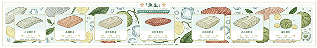 鱼生菜品展板，画面高度60cm，长度390cm，画面中留出五个菜品空白位置，展板背景使用浅色调的动漫鱼生底图，整体风格清新干净