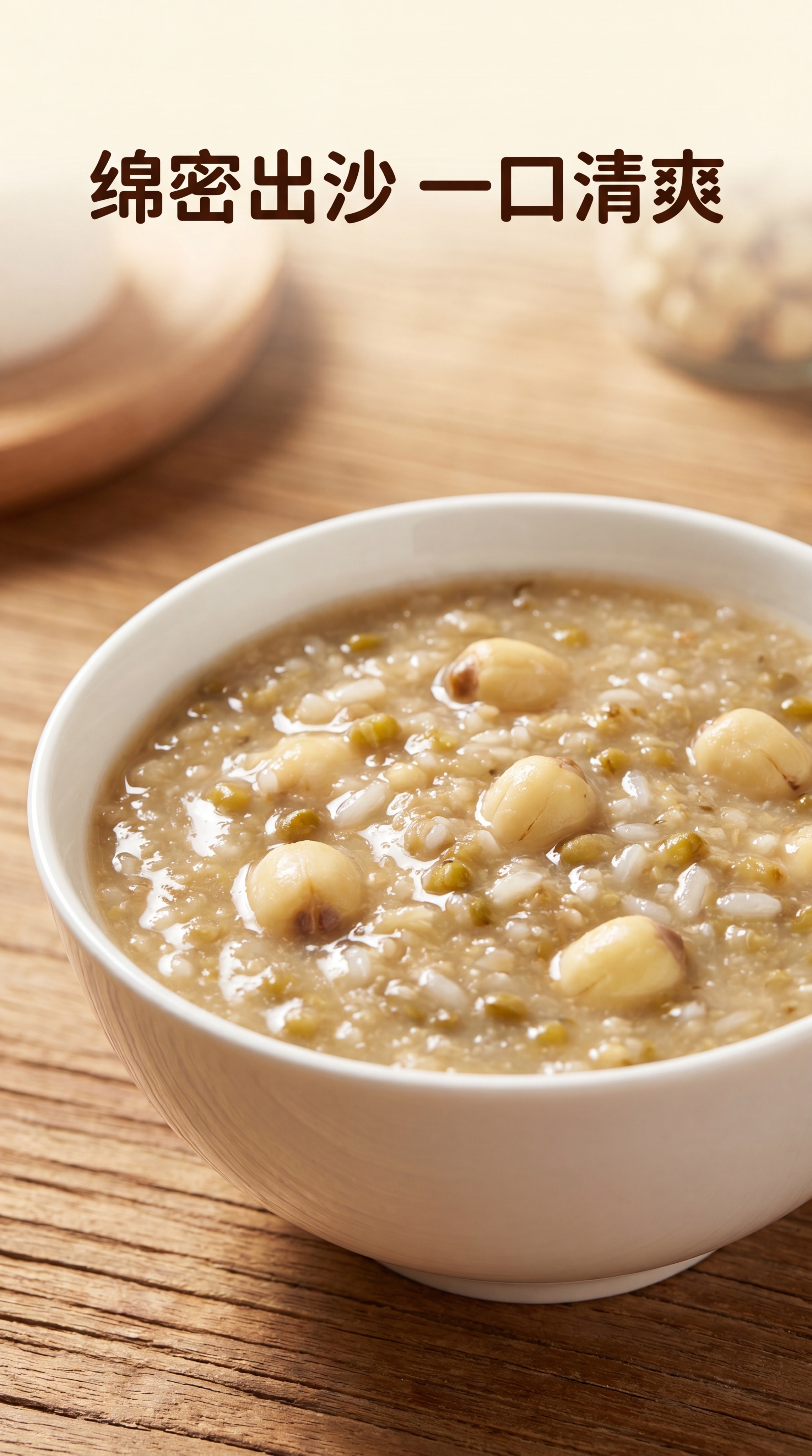 [第4屏] 熬煮好的绿豆莲子江米粥成品展示，突出绵密出沙的口感… - 图片创意预览