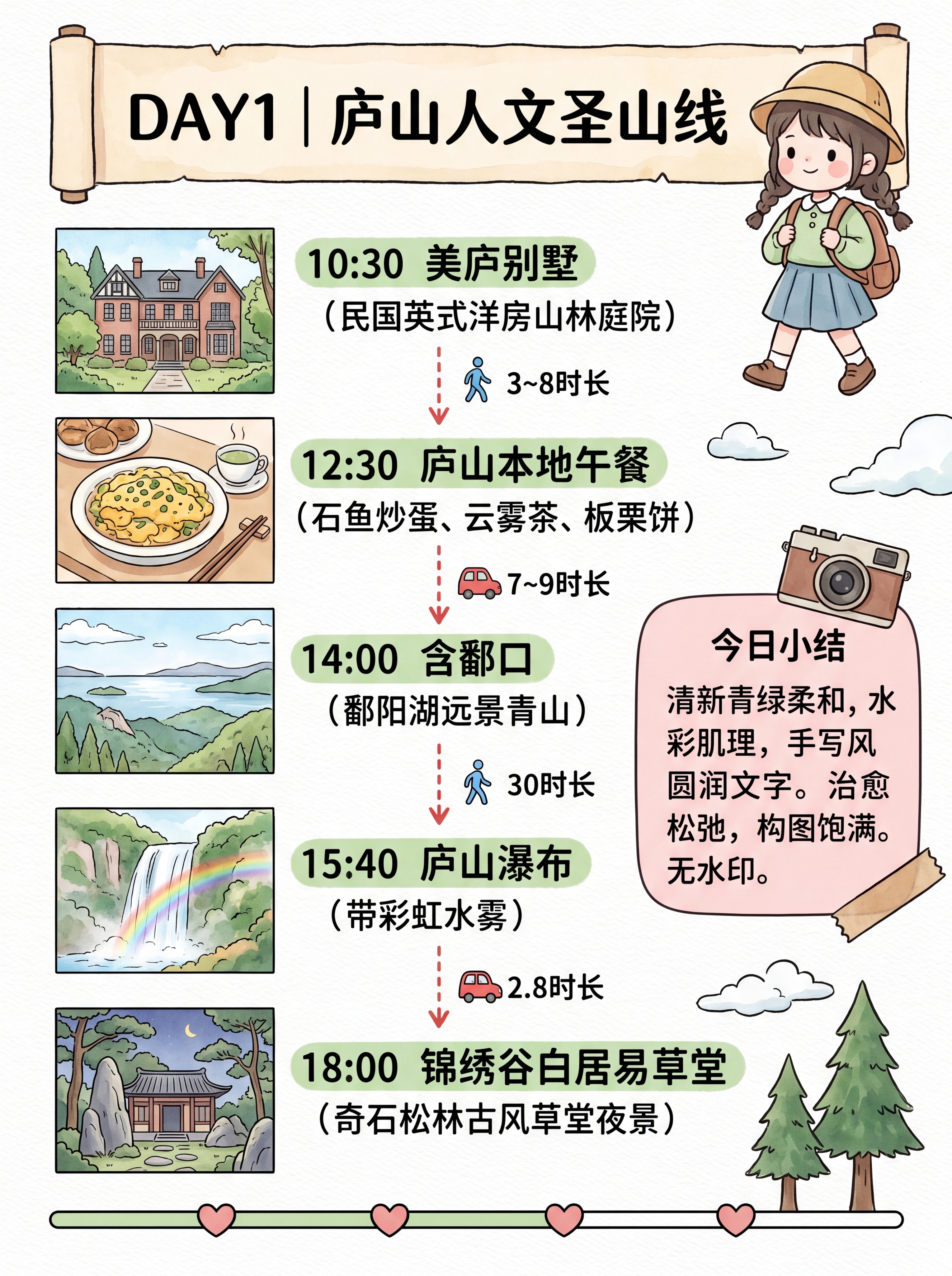 日系水彩手账插画风庐山旅行攻略海报，3:4竖版，细黑轮廓线淡彩… - 图片创意预览