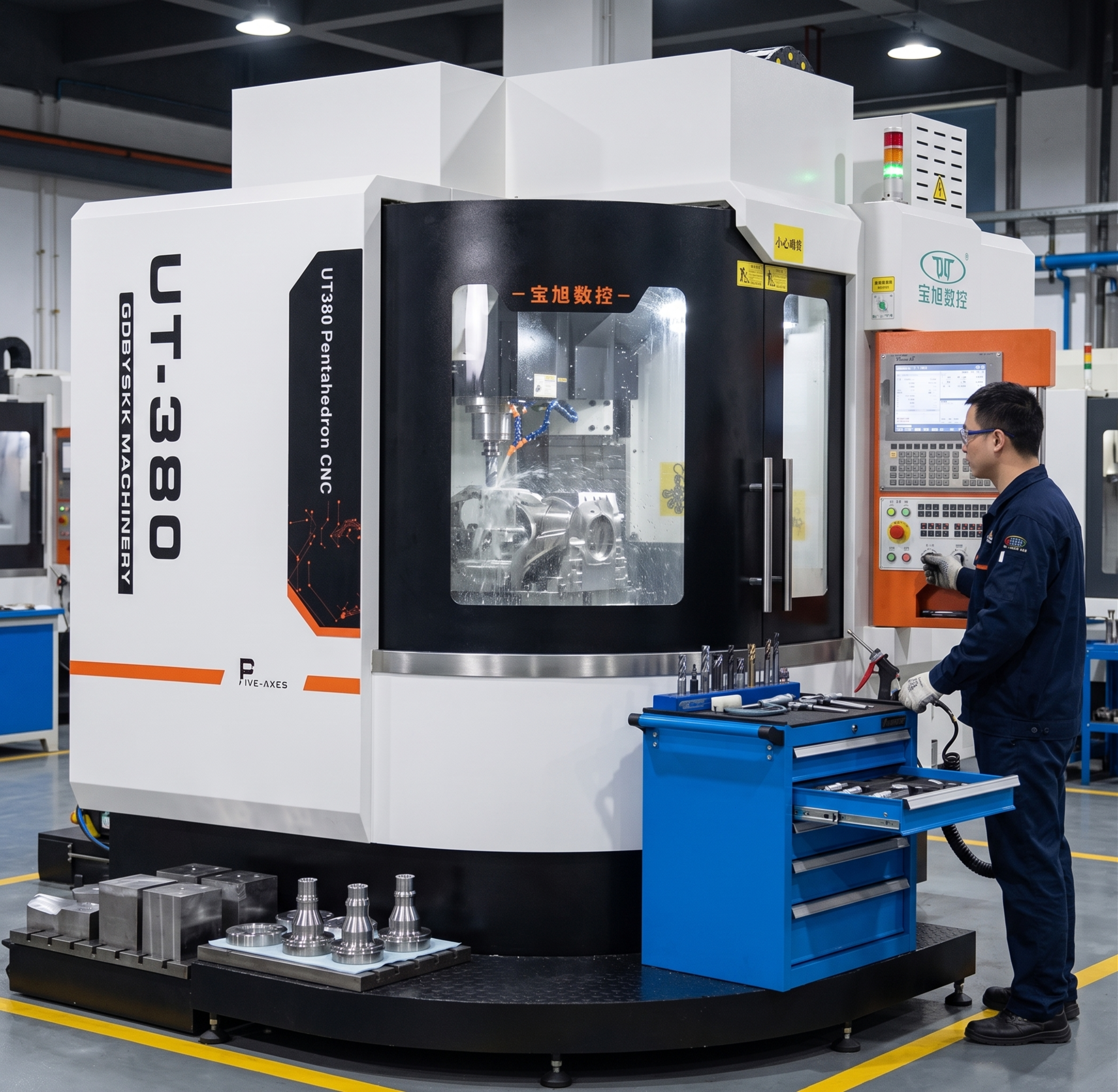 UT-380五轴CNC机床在精密机械加工车间内进行工件加工，周… - 图片创意预览