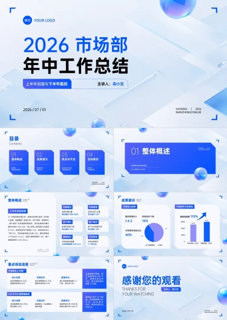 蓝色渐变科技风企业年中工作总结汇报演示文稿PPT预览效果