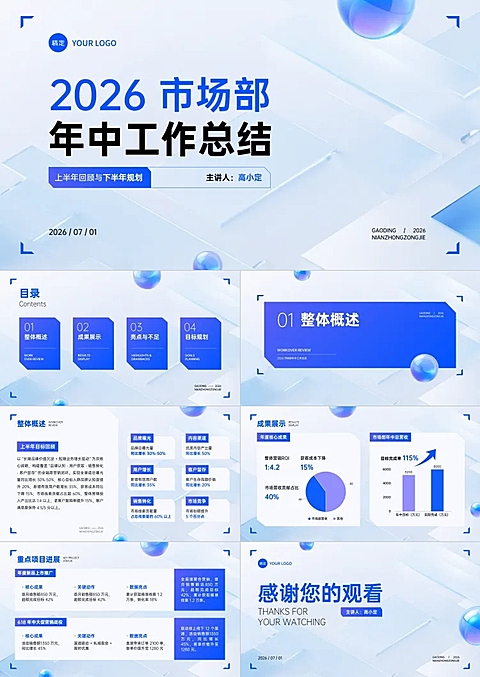 蓝色渐变科技风企业年中工作总结汇报演示文稿PPT套装