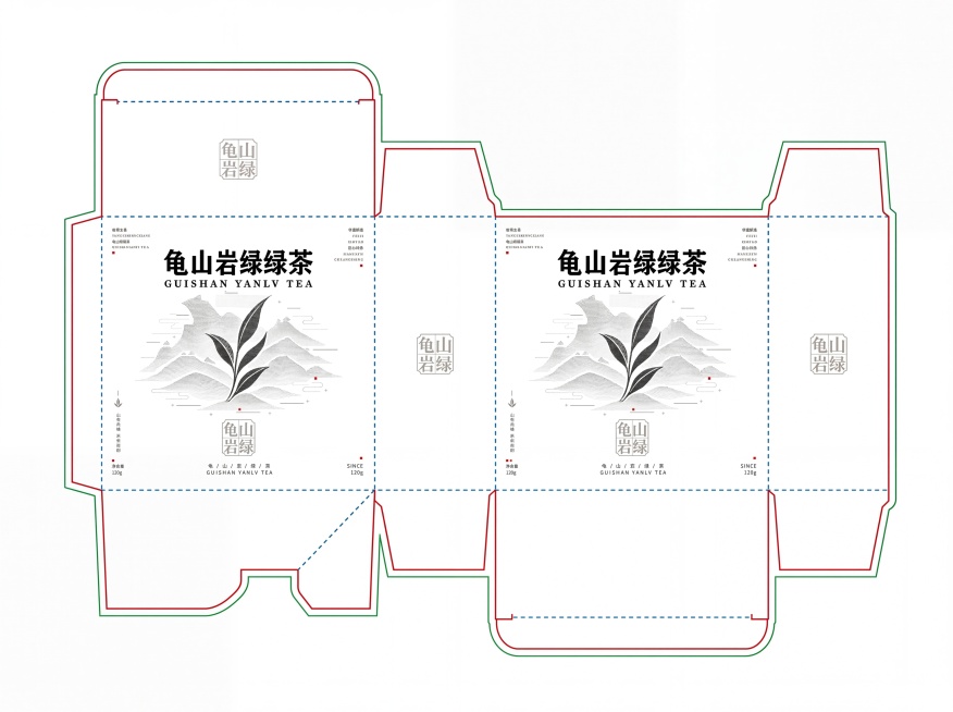根据给出的龟山岩绿茶包装盒效果图，生成对应的平面刀版图，保留包装盒上所有原始设计内容：包括文字“龟山岩绿茶 GUISHAN YANLV TEA”、图形、排版与色彩不变，展示展开后各面的完整结构，清晰标预览效果