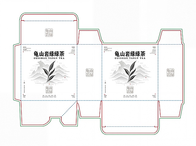 根据给出的龟山岩绿茶包装盒效果图，生成对应的平面刀版图，保留包装盒上所有原始设计内容：包括文字“龟山岩绿茶 GUISHAN YANLV TEA”、图形、排版与色彩不变，展示展开后各面的完整结构，清晰标注模切线、折痕线与出血线，符合印刷制版标准