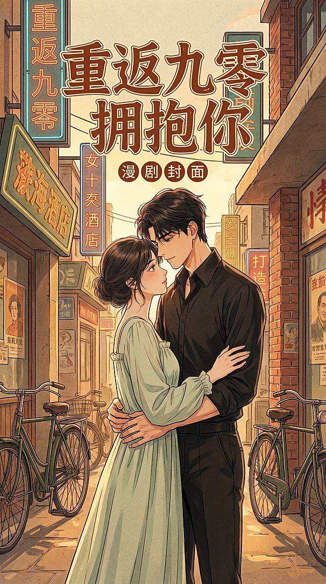 漫剧封面《重返九零拥抱你》，9:16竖版，男女主互动，非纯白背景，90年代复古风格，使用参考图中的男女主形象，男穿着黑色衬衫西裤，女穿着浅绿色宽松长裙，漫画风格，氛围感，封面带有剧名文字"重返九零拥抱你"