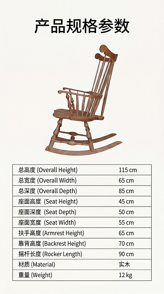 [第8屏] 参数规格页，汇总产品全部信息。本屏使用【图2】展示侧视轮廓，下半部分做清晰参数表格，列出用户提供的所有尺寸参数。主标题"产品规格参数"，排版清晰易读。9:16竖版，4K，浅底色。负向提示：参数错误，文字模糊