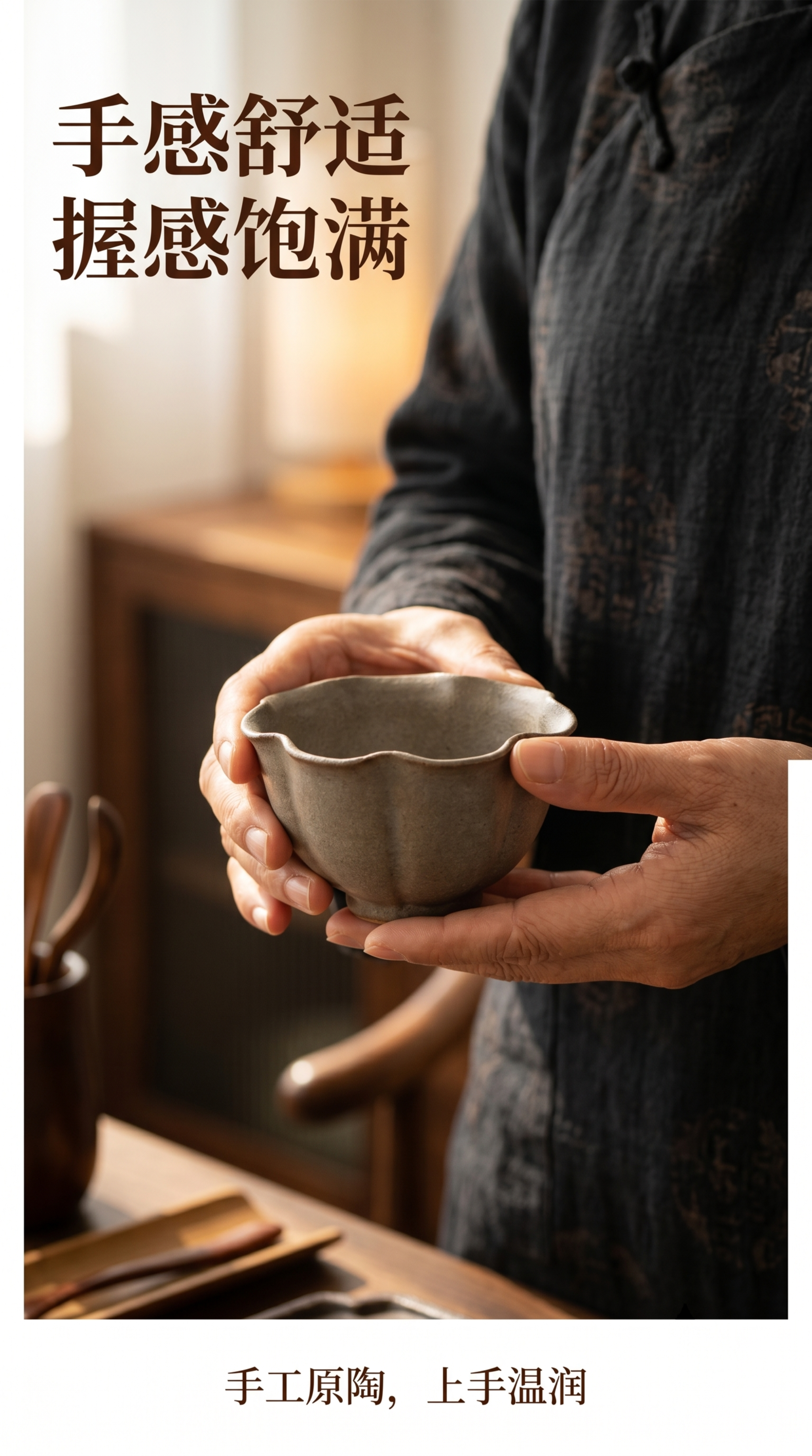 [第6屏] 真人手持使用展示页，原陶莲花杯品茗场景。使用图3展… - 图片创意预览