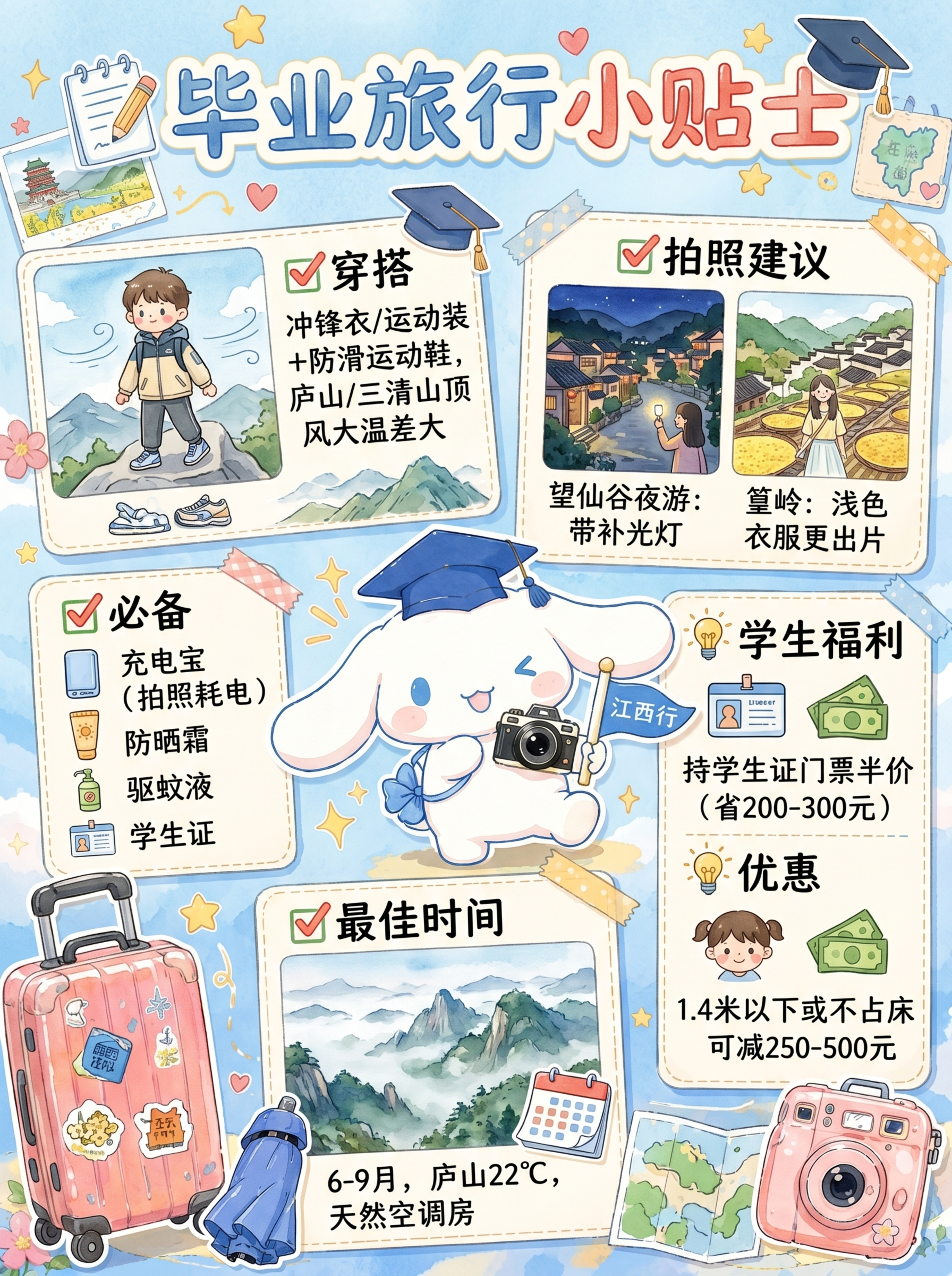 参考提供的图片风格，生成江西毕业旅行注意事项图，要求：卡通水彩… - 图片创意预览