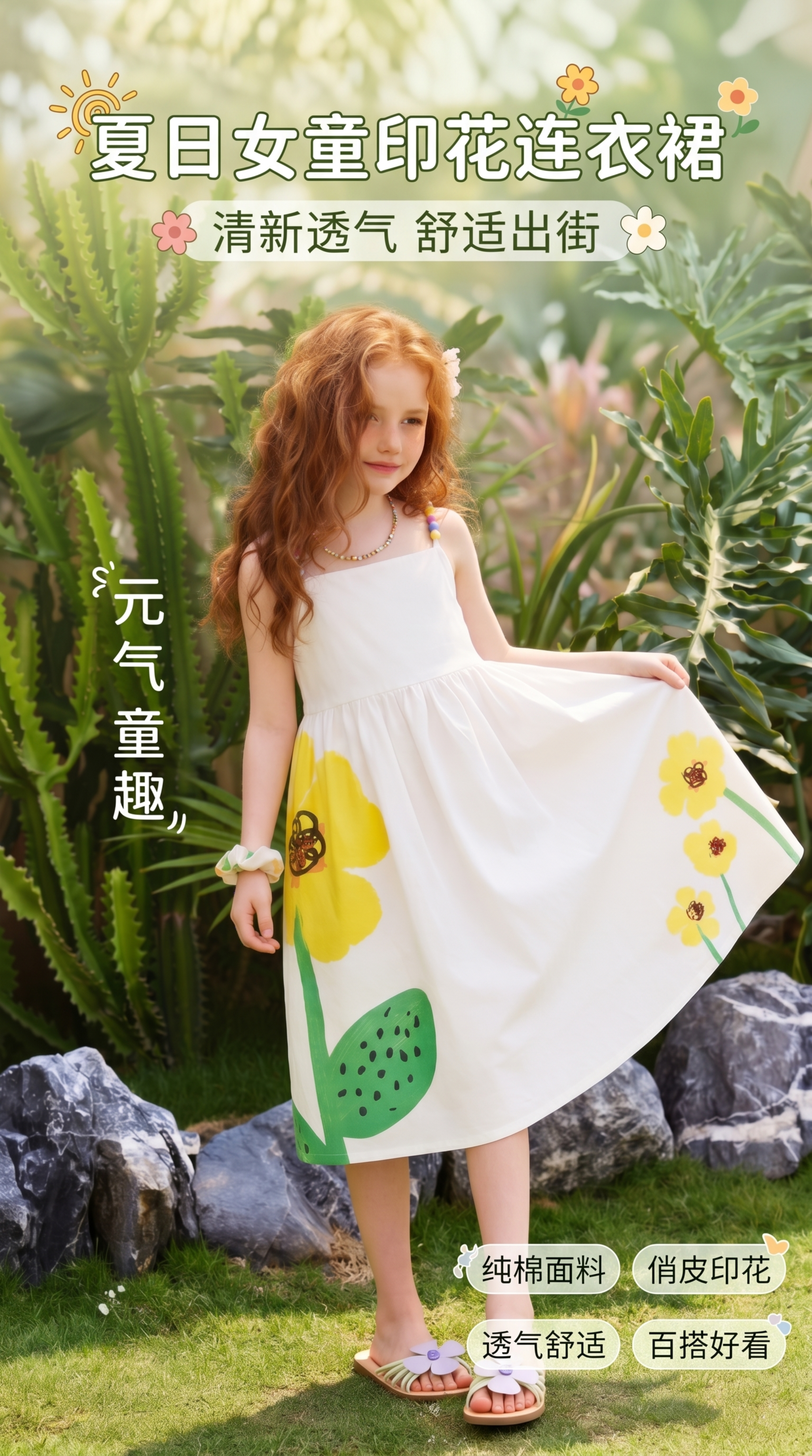 基于原图制作夏季女童吊带连衣裙直播封面，添加文案：主标题"夏日… - 图片创意预览