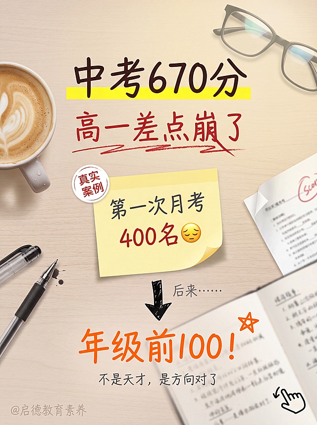 竖版3:4构图，背景是微微倾斜俯拍的暖木色#D7CCC8木纹书桌，带真实木纹肌理。桌面上自然散落物品：左上角一杯喝了一半带拉花、杯壁有水珠的拿铁，右上角一副镜片反光的黑框眼镜，左下角一支拔了笔帽笔尖旁带小块墨渍的黑色中性笔，中间偏右一张揉皱又摊开只露出红色分数部分的试卷一角，右下角一本翻开带手写潦草字迹的笔记本，所有物品均虚化降低饱和度，透明度约60%，不抢文字视线。整体色调偏暖黄，上方覆盖#FFF8E1透明度20%图层，营造台灯下夜晚氛围。画面中心偏上水平居中距顶部22%位置为主标题"中考670分"，采用接近井柏然体的手写体，深棕黑色#3E2723，字号画面宽度10%，文字下方带高度占字高60%的粗荧光黄色#FFEA00高亮条，字写在黄条上方。紧贴主标题下方间距字高20%位置为副标题"高一差点崩了"，手写体红色#D32F2F，笔画有粗细变化，"崩"字最后一笔拉长甩出，字号画面宽度9%，文字底部有微微波浪形手绘红色下划线，像用力划出。画面正中微微向右倾斜5°贴着一张微微翘起一角带阴影的黄色#FFF9C4便利贴，便利贴上是手写圆体，深灰色#424242字号画面宽度4%文字"第一次月考"，换行后字号放大到画面宽度6%红色#D32F2F文字"400名😔"，emoji保持原色。便利贴下方有一个黑色马克笔笔触有粗细变化的粗手绘箭头，从便利贴底部指向下方，箭头旁是灰色#757575字号画面宽度3%手写小字"后来……"。画面水平居中距底部18%位置为底部成果区文字"年级前100！"，粗马克笔手写粗体亮橙色#FF6D00，字号画面宽度9%，"100"字号再大30%，每个数字微微大小不一保留手写自然偏差，文字右上角画一个小小的手绘橙色五角星。紧贴成果文字下方水平居中是细手写体灰色#9E9E9E字号画面宽度2.8%小字"不是天才，是方向对了"。便利贴左上方贴一个微微倾斜的白底红字小圆贴纸，文字为"真实案例"呈现手盖章效果。画面右下角画一个黑色线条的小小👇手指emoji涂鸦指向画面外，暗示左下角咨询。左下角用淡灰色铅笔淡淡写了一行字号画面宽度1.8%小字"@启德教育素养"，像随手签名。整体风格自然手写贴纸感，氛围感温暖柔和。