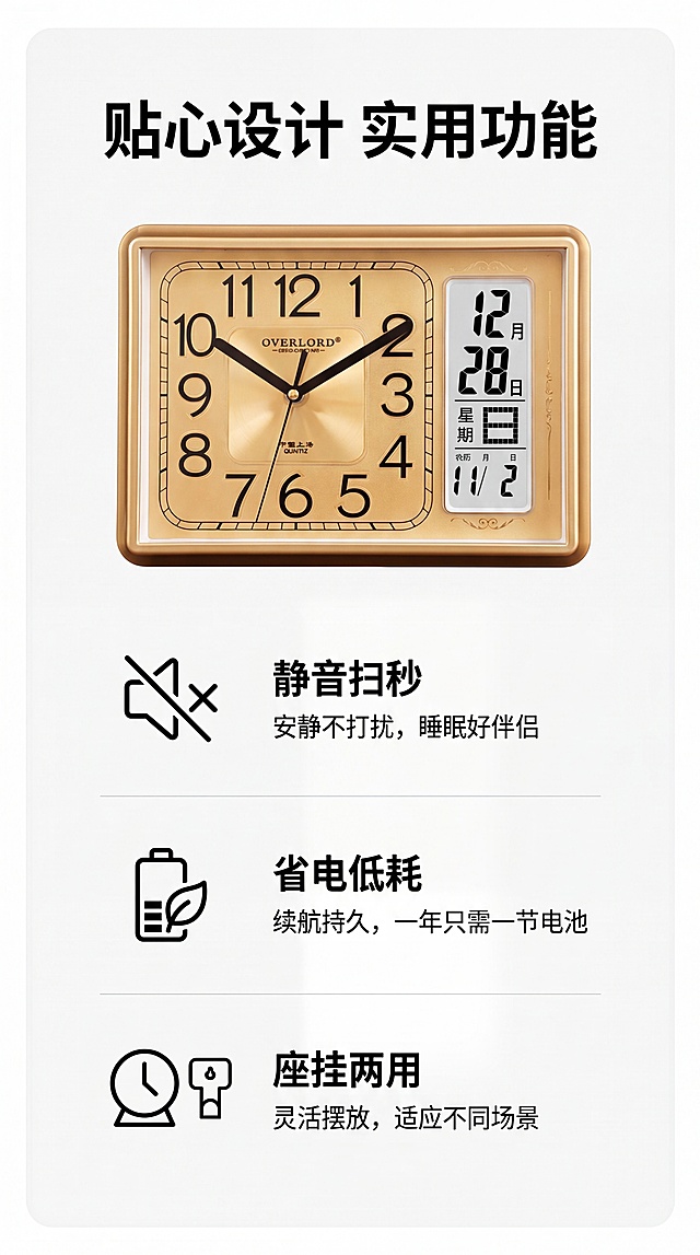 [第5屏] 核心功能特性-介绍家用日历摆台式座钟三大核心功能。
[氛围/风格] 简约信息卡风格，清晰展示功能卖点，干净易读。
[元素布局] 顶部为总标题，下方竖排三个功能模块，产品主图放置在页面中上区域，占据约50%画面，保持外观结构颜色与原图一致，底部排列三个功能模块。
[光影质感] 均匀柔和布光，产品清晰，功能信息一目了然，无强烈阴影。
[配色色系] 全局底色：#FAFAFA；主体产品保持原本金色黑色搭配，功能模块图标用黑色线条，文字黑色，整体简洁。
[视角构图] 产品正面居中展示，功能模块从上到下依次排列，信息层级清晰。
[文字版式] 顶部总标题"贴心设计 实用功能"黑色加粗；三个功能分别为：静音扫秒、省电低耗、座挂两用，每个功能模块横向排列，配对应图标和简短说明，文字清晰可读，不遮挡产品主体。
[比例分辨率] 9:16竖版比例，4K分辨率，文字清晰可辨，超高清。
[负向提示词] 产品变形，文字错乱，排版拥挤，颜色偏差，水印