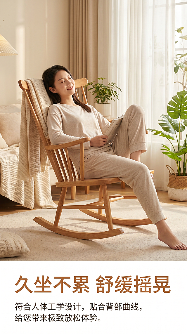 [第5屏] 使用体验页，亚洲模特坐靠展示舒适度。本屏使用【图10】作为摇椅主体，保留产品结构颜色。放置在温馨客厅场景，模特自然放松坐姿。主标题"久坐不累 舒缓摇晃"，副标题说明人体工学设计。9:16竖版，4K，暖调自然光。负向提示：产品变形，人物怪异