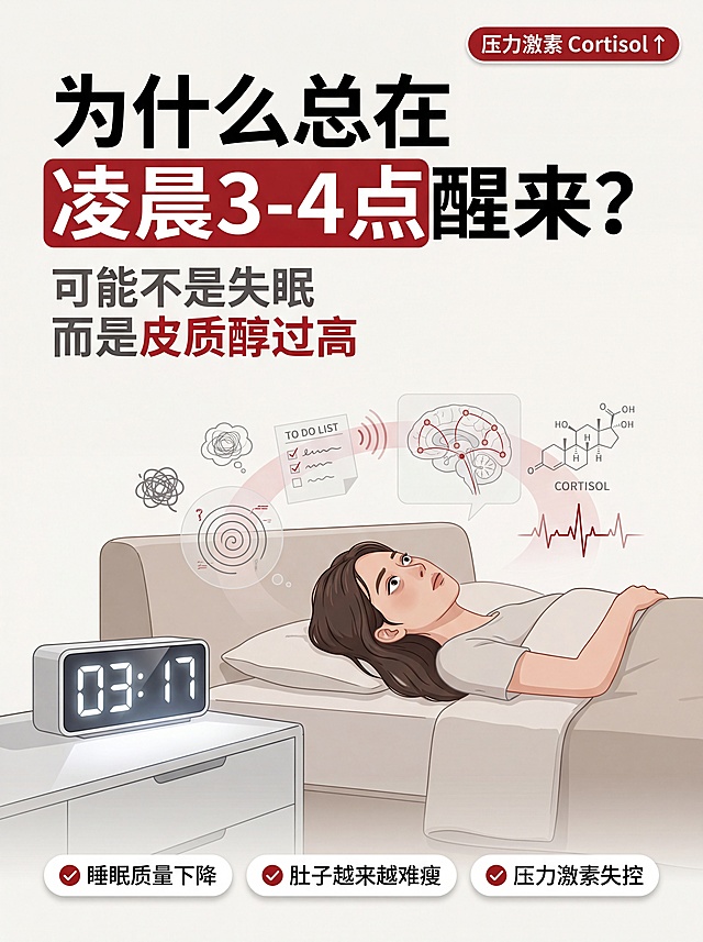 小红书爆款健康科普封面，高级杂志风格，专业医学科普博主视觉设计，比例3:4，整体采用米白色奶油背景，极简高级感，留白充足，画面干净整洁，符合小红书热门健康赛道封面风格。画面中央偏下位置放置一张现代简约床铺，一位30岁左右年轻人平躺在床上，双眼睁开，明显处于失眠状态，神情疲惫但不夸张。人物采用高级扁平插画与轻写实结合风格，质感精致。床头柜放置一个电子时钟，数字清晰显示"03:17"，电子时钟发出柔和冷白色光线，成为视觉焦点。人物头部上方漂浮半透明神经系统元素：焦虑符号、思绪旋涡、待办事项便签、压力波纹、大脑神经连接图、皮质醇分子结构示意图、心率波动线，这些元素采用浅灰色和淡红色表现，具有医学信息图风格，不杂乱，呈环绕构图。画面右上角增加小型医学知识标签"压力激素 Cortisol ↑"，采用红色圆角标签设计。标题区域放在画面上半部分，占据约30%视觉空间，主标题采用超大黑体字"为什么总在凌晨3-4点醒来？"，字体粗壮醒目，关键词"凌晨3-4点醒来"使用深红色高亮背景框突出显示。副标题放置主标题下方，分两行排版："可能不是失眠 / 而是皮质醇过高"，其中"皮质醇过高"使用醒目的深红色字体。底部设计三个圆角信息标签：✓ 睡眠质量下降 ✓ 肚子越来越难瘦 ✓ 压力激素失控，标签采用白底阴影卡片设计，带轻微立体感。整体配色：奶油白背景、黑色主标题、深灰正文、医学红重点色、浅灰辅助信息，极简高级配色。视觉风格：小红书爆款封面、健康管理博主风格、现代医学信息图设计、高级杂志排版、极简主义、高端感、专业感、强阅读性、高点击率封面。要求中文文字准确无乱码，文字边缘锐利，超清晰字体，高分辨率，商业海报品质，无水印，无Logo，无品牌名称，无多余装饰，适合小红书首页推荐流量封面