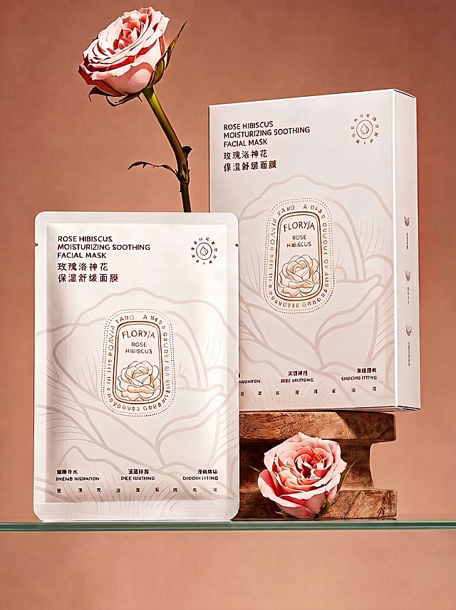 替换图中的玻璃板为其他合适的物品展示玫瑰花，保持整体构图、暖棕背景和上方面膜包装盒、单片面膜位置不变；同时将所有面膜包装上的文字修改为黑色，保持其余内容、花朵色彩、整体风格不变
