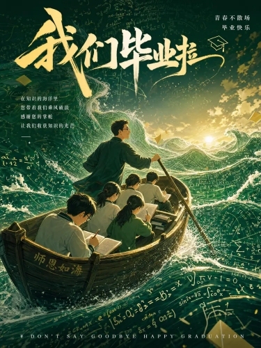 竖版3:4毕业季海报，奇幻插画风格，主色调墨绿+浅黄，8K质感，奇幻教育风，师恩主题寓意深刻。主体画面：老师划着木船，带着一群学生在知识的海洋中前行，学生们在船上做题，背景是数学公式构成的波浪，营造师预览效果