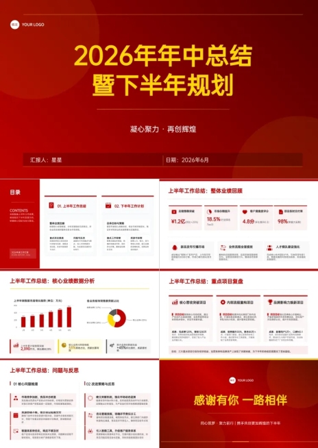 企业公司年中总结汇报商务风演示文稿PPT预览效果