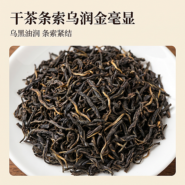 [第3屏] 干茶细节特写，展示茶叶条索与色泽。本屏使用【图7】作为干茶主体。微距特写质感，干茶占画面中心70%，保持乌黑带金毫色泽与原图一致，素白陶瓷盘衬托。左上角标题「干茶条索乌润金毫显」，下方小字「乌黑油润 条索紧结」。全局浅米底色，1:1正方形，4K分辨率。负向提示：茶叶变形，颜色失真，模糊，文字遮挡主体