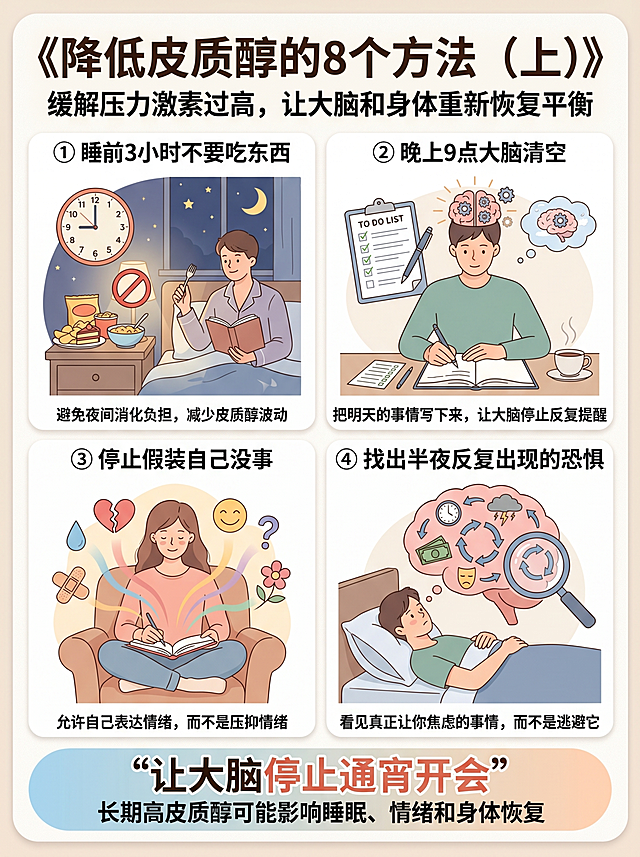 小红书健康科普信息图设计，3:4竖版海报，高级感医学科普风格，浅米白色背景，低饱和奶油色系配色，现代扁平化医疗插画，清新治愈风，高级杂志排版，信息分区清晰，视觉层级明确，适合小红书高点赞收藏内容。主标题置顶居中，大字号加粗中文字体：《降低皮质醇的8个方法（上）》，副标题：缓解压力激素过高，让大脑和身体重新恢复平衡。整体采用四宫格信息模块布局，每个模块搭配独立医学插画、序号标签、简洁说明文字。① 睡前3小时不要吃东西，插画内容：夜晚卧室场景，月亮和星星背景，时钟显示晚上9点后，餐盘与零食旁出现停止符号，人物放下食物准备睡觉，温暖柔和灯光。说明文字：避免夜间消化负担，减少皮质醇波动。② 晚上9点大脑清空，插画内容：人物坐在书桌前，将待办事项记录在笔记本中，旁边有计划清单、笔、咖啡杯，大脑图标逐渐变轻松，思绪整理完成。说明文字：把明天的事情写下来，让大脑停止反复提醒。③ 停止假装自己没事，插画内容：年轻女性安静写日记，纸张上出现情绪符号、爱心、眼泪等图标，表情逐渐放松，周围氛围温暖疗愈。说明文字：允许自己表达情绪，而不是压抑情绪。④ 找出半夜反复出现的恐惧，插画内容：人物躺在床上思考，大脑中出现循环箭头、重复出现的担忧画面，旁边有放大镜分析问题，逐渐找到根源。说明文字：看见真正让你焦虑的事情，而不是逃避它。底部重点标语区域：采用醒目彩色标签设计，圆角卡片风格，重点标语："让大脑停止通宵开会"，底部补充说明：长期高皮质醇可能影响睡眠、情绪和身体恢复。整体风格要求：专业医学科普海报，小红书爆款视觉设计，高级医疗插画风，大量留白，干净整洁排版，图文结合，杂志级信息图设计，中文字体清晰可读，无英文，无水印，超高清细节，8K质量，高点赞高收藏风格，医疗健康博主内容风格