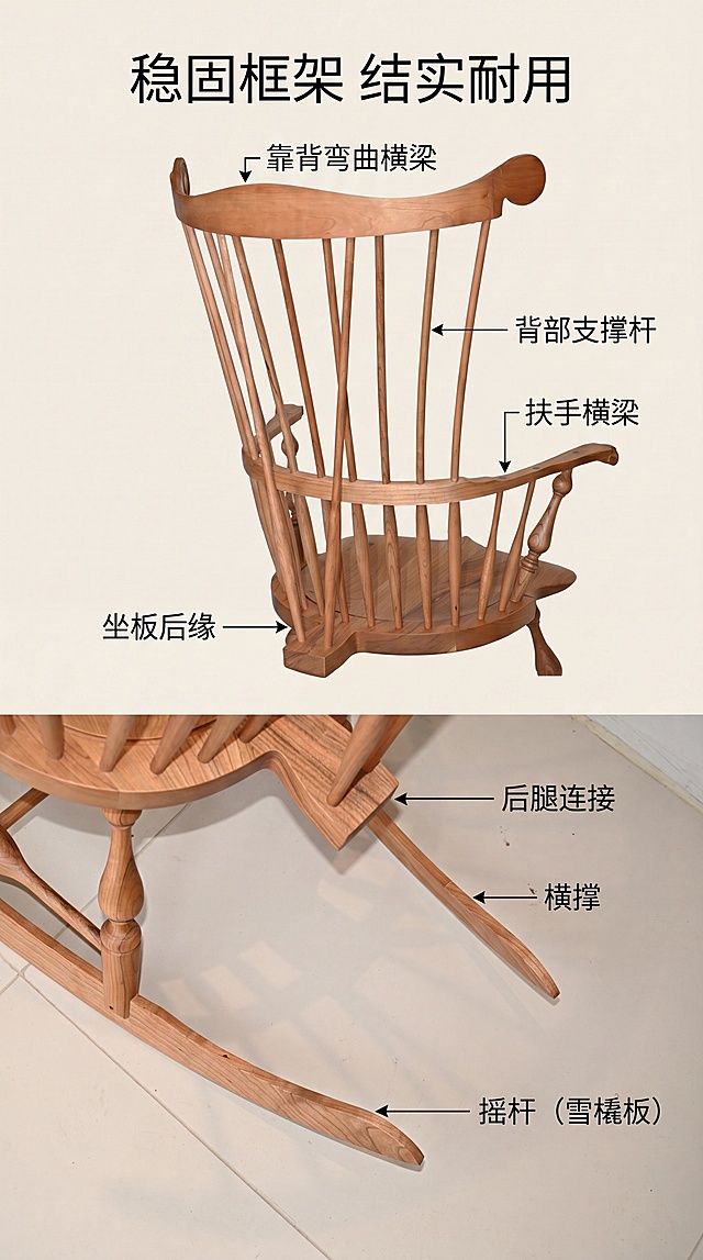 [第4屏] 框架结构页，展示稳固实木框架。本屏使用【图7】展示背面框架，【图9】展示底部连接。上下分层标注各部分结构名称，主标题"稳固框架 结实耐用"。保持结构与原图一致，9:16竖版，4K，浅底色。负向提示：结构错乱，部件缺失