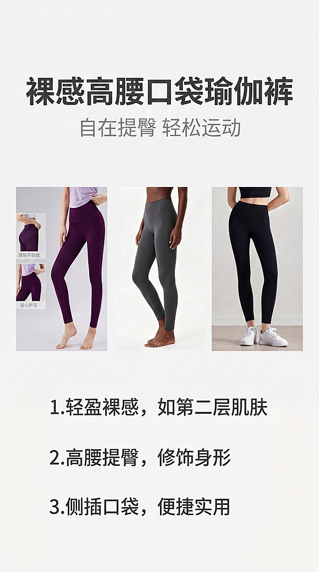 [第1屏] 裸感高腰口袋瑜伽裤女头图海报，三色展示。
[氛围/风格] 温柔极简都市运动风，清新高级，商业摄影质感。
[元素布局] 画面上方为大标题，主体区域依次展示【图1】紫色、【图2】灰色、【图3】黑色三款瑜伽裤小图并列，保持每个颜色和版型与原图一致，下方放置核心卖点提炼。
[光影质感] 整体柔光均匀，色彩干净通透，三款产品颜色真实自然。
[配色色系] 全局底色：#F5F5F5（浅灰）；主体配色：紫/灰/黑；辅助色：深灰文字。
[视角构图] 竖向排版，标题在上、产品展示在中、卖点在下，符合手机竖屏阅读。
[文字版式] 顶部主标题「裸感高腰口袋瑜伽裤」深灰色粗体居中，副标题「自在提臀 轻松运动」浅灰色小字；下方分三点核心卖点，文字简洁清晰不遮挡产品。
[比例分辨率] 9:16 竖版，4K分辨率，文字清晰。
[负向提示词] 产品变形，颜色偏差，文字错乱，水印，背景杂乱