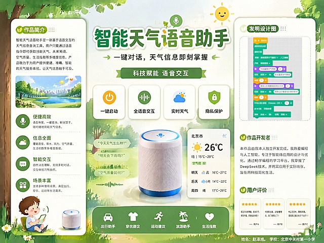 在这张作品介绍海报右下角的空白位置添加文字：姓名：赵泽旭。学校：北京中关村第一小学，保持原海报的所有内容、风格、颜色和布局不变，仅添加指定文字