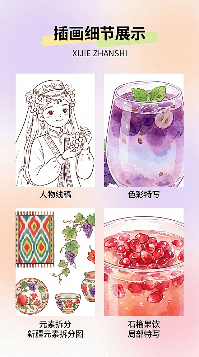 西域果酿语插画细节展示页面，治愈系水彩漫画风，平涂轻肌理质感，背景为浅紫浅橙浅粉渐变底色。页面顶部标题为「插画细节展示」，搭配拼音「XIJIE ZHANSHI」，标题使用无衬线黑体加粗搭配浅底色块。内容区域为2×2网格排版的细节小图：第一张小图是葡萄少女的人物线稿，线条柔和圆润；第二张小图是葡萄果饮的局部色彩特写，展示紫葡萄色与浅紫渐变的通透质感；第三张小图是新疆元素拆分图，包含艾德莱斯纹样、葡萄藤的装饰细节；第四张小图是石榴果饮的石榴籽局部特写，色彩饱满明亮。整体画面干净清新，新疆地域特色浓郁，所有文字清晰可辨，4K高清，无变形无水印