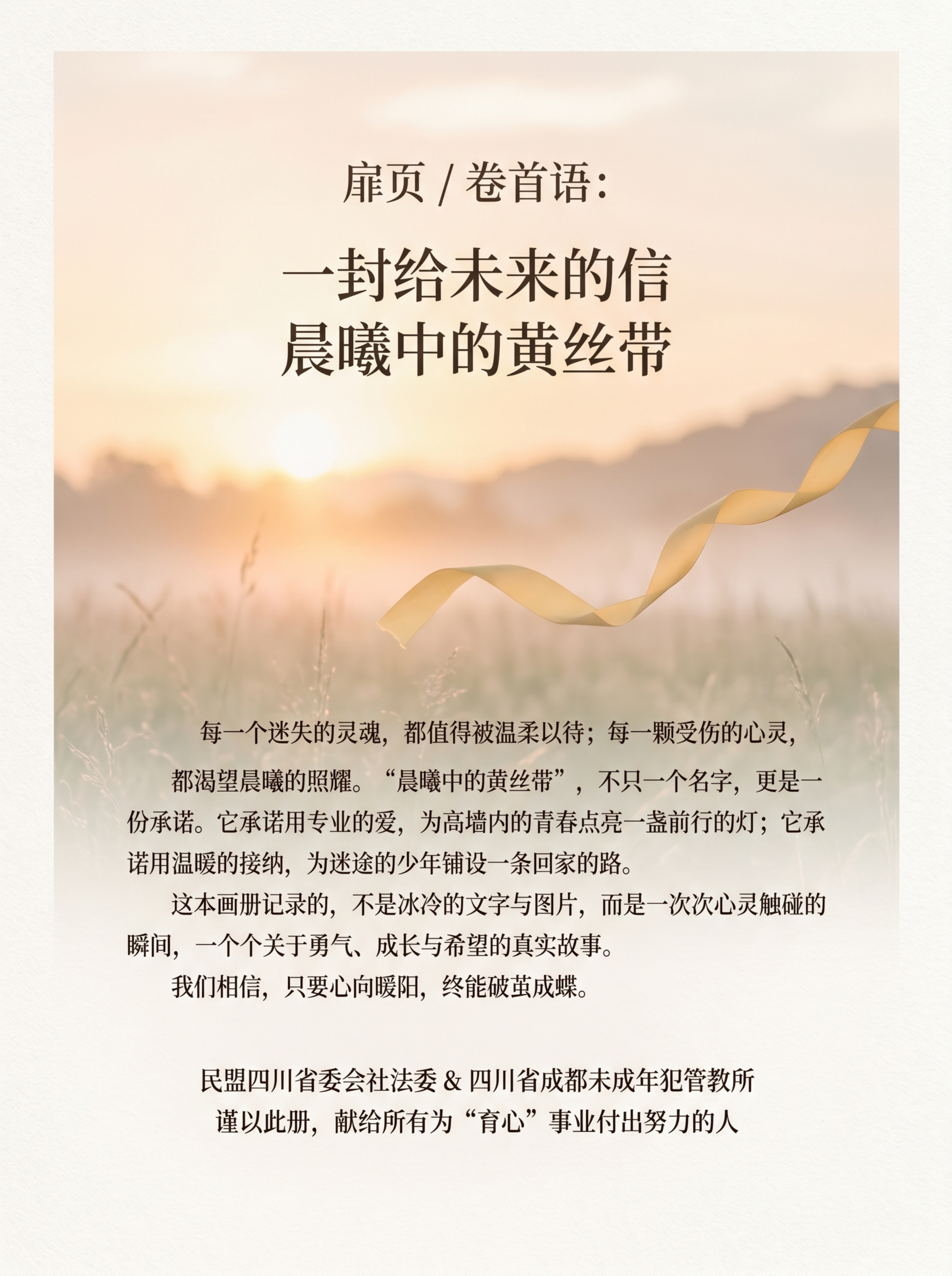 画册扉页设计，主题为“一封给未来的信 晨曦中的黄丝带”，整体风… - 图片创意预览