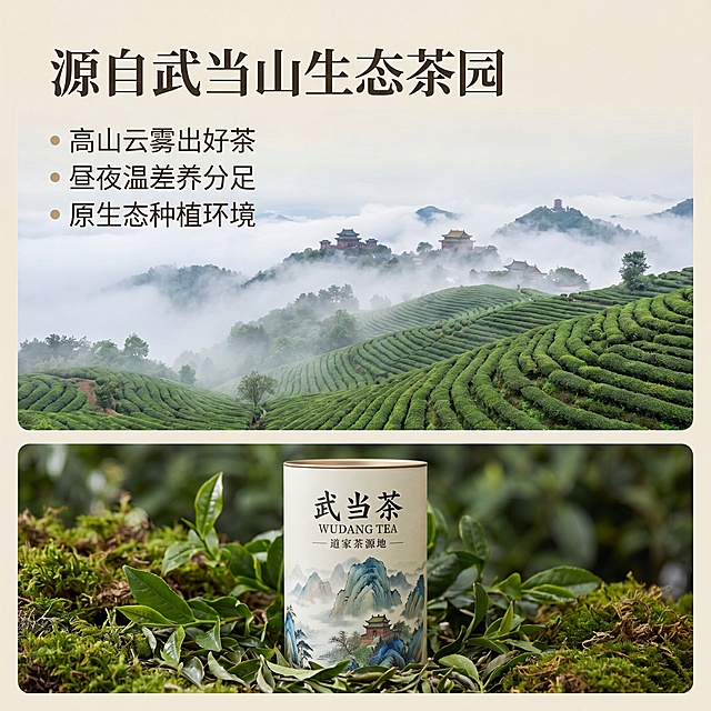 [第2屏] 核心产地优势，展示武当山生态茶园。本屏使用【图1】作为产品主体。自然生态风格，青山茶园云雾实景背景。上半部分武当山茶园实景，下半部分放产品包装占40%，保持外观与原图一致。左上角大标题「源自武当山生态茶园」，下方三点卖点：高山云雾出好茶、昼夜温差养分足、原生态种植环境。全局浅米底色，1:1正方形，4K分辨率。负向提示：包装变形，文字错乱，极限用词