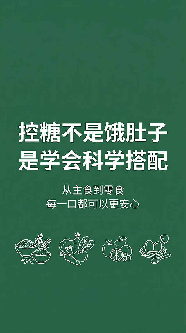 [第6屏] 糖友控糖科普结尾页，整体深绿色#2D6A4F背景。中央大号白色加粗文字“控糖不是饿肚子 是学会科学搭配”分两行居中；中号白色文字“从主食到零食 每一口都可以更安心”放在主文字下方居中。底部装饰一排简约白色小图标，分别为杂粮、蔬菜、水果、鸡蛋。整体风格简洁统一，配色符合要求，文字清晰。尺寸1080×1920px，4K分辨率。负向提示词：图标变形，文字错乱，颜色偏差，背景杂乱。