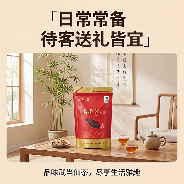 [第9屏] 收尾场景图，居家品饮氛围展示。桌面摆放换香翠红茶包装袋、茶壶、两杯茶，背景为简约中式客厅，营造日常休闲品茶氛围。标题「日常常备 待客送礼皆宜」大字，底部收尾号召。保持产品包装外观与原图一致。全局浅米底色，1:1正方形，4K分辨率。负向提示：包装变形，文字遮挡主体，场景杂乱