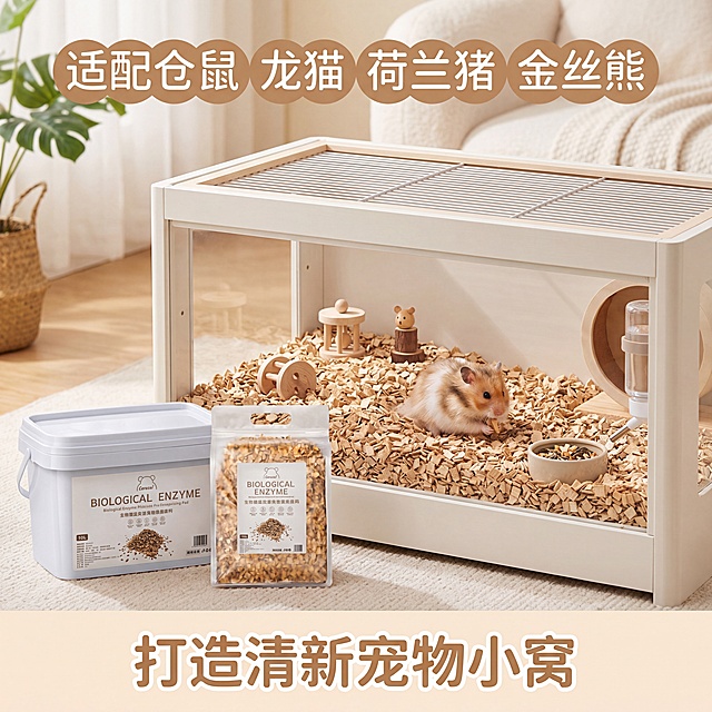 「图片1」，生成电商主图（5张），商品名称是生物酶益生菌除臭垫料，卖点是生物除臭，超长耐用，清新干爽，科学配方。风格是可爱宠物风（仓鼠），适配淘宝/天猫平台，主图比例为1:1