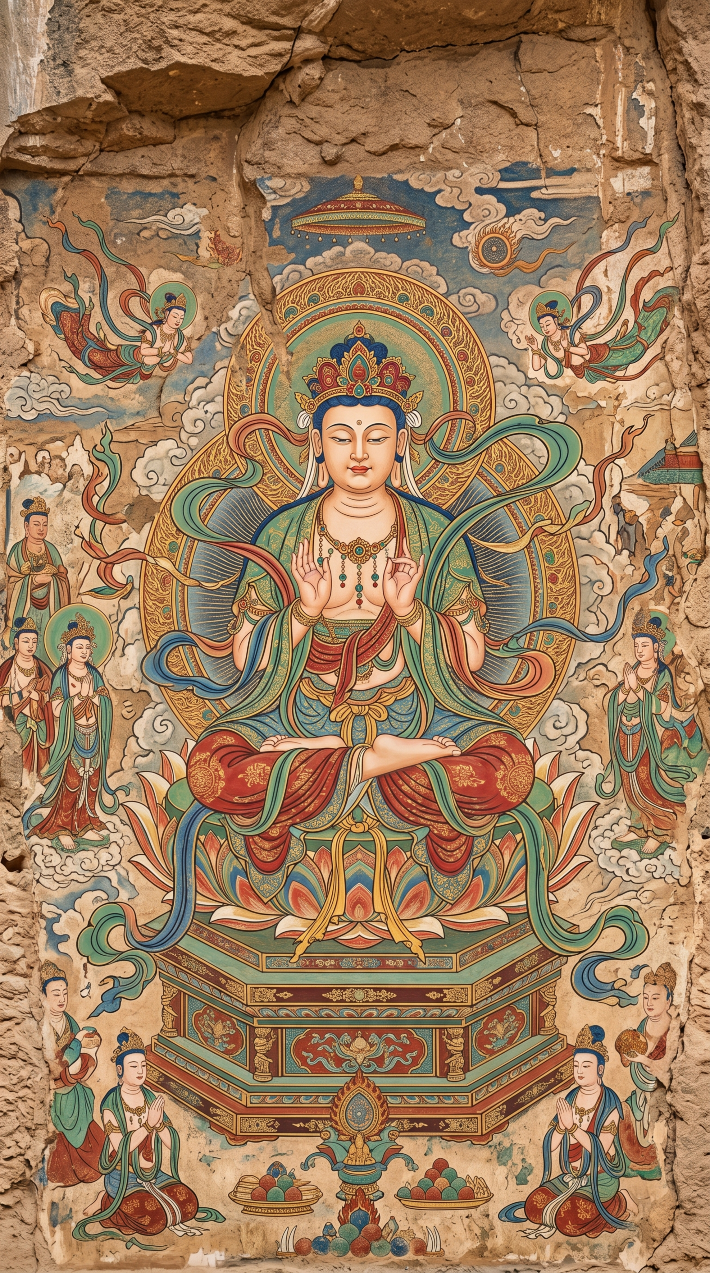 敦煌供养佛壁画，佛像身姿优雅，飘带环绕周身随风舒展，色彩艳丽和… - 图片创意预览
