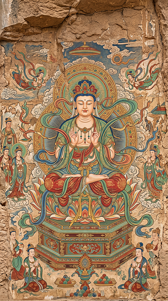 敦煌供养佛壁画，佛像身姿优雅，飘带环绕周身随风舒展，色彩艳丽和谐，金线描边，沙地岩壁背景，大漠石窟意境，笔触灵动，高清细节，超高清8K，细节丰富，无水印，壁画材质，强制拉高画质，佛像