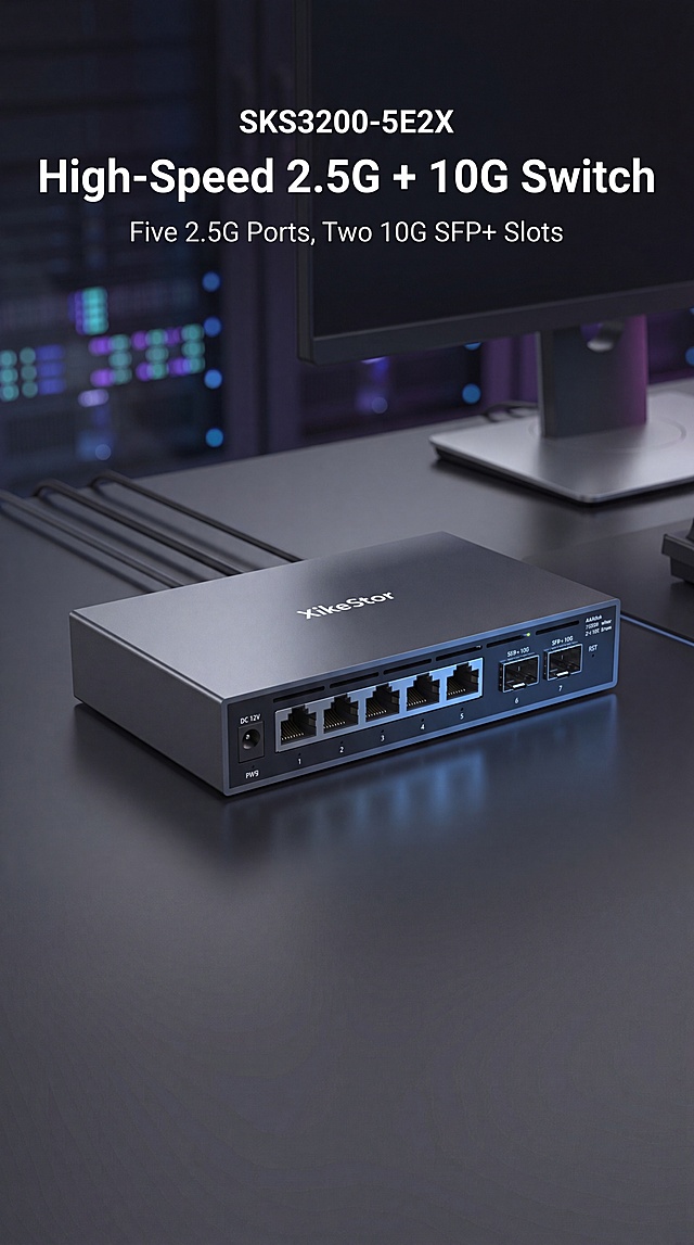 [Screen 1] XikeStor SKS3200-5E2X 2.5G Ethernet Switch hero page. Dark gray gradient tech workspace background, product centered, 65% screen size. Keep original product structure, ports, dark gray metal texture. Top title "SKS3200-5E2X", main title "High-Speed 2.5G + 10G Switch", subtitle "Five 2.5G Ports, Two 10G SFP+ Slots". Professional minimalist tech style, commercial photography quality. 9:16 vertical, 4K, English text clear. Negative: deformation, missing ports, color distortion, messy background.