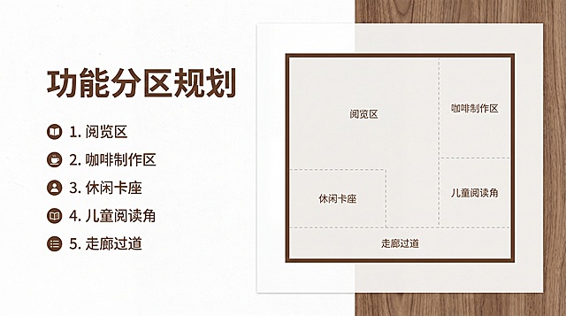 16:9 PPT功能分区规划页，胡桃木棕+米白+浅灰低饱和配色，原木复古简约风，大量留白，左侧分点列出五大功能区：1.阅览区 2.咖啡制作区 3.休闲卡座 4.儿童阅读角 5.走廊过道，右侧预留带分区标注的平面布局图占位框，标题粗体醒目，整体安静治愈文艺高级，无花哨特效