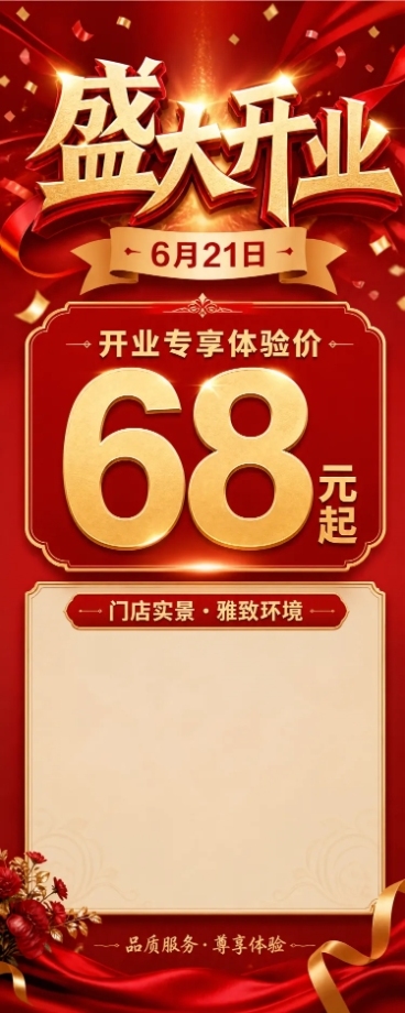 大气喜庆风格开业易拉宝设计，尺寸80cm*200cm，比例2:5。整体风格高端大气喜庆隆重。顶部居中醒目的大字体主标题"盛大开业"，主标题下方标注日期"6月21日"。中部核心优惠区域加粗突出显示大字体预览效果