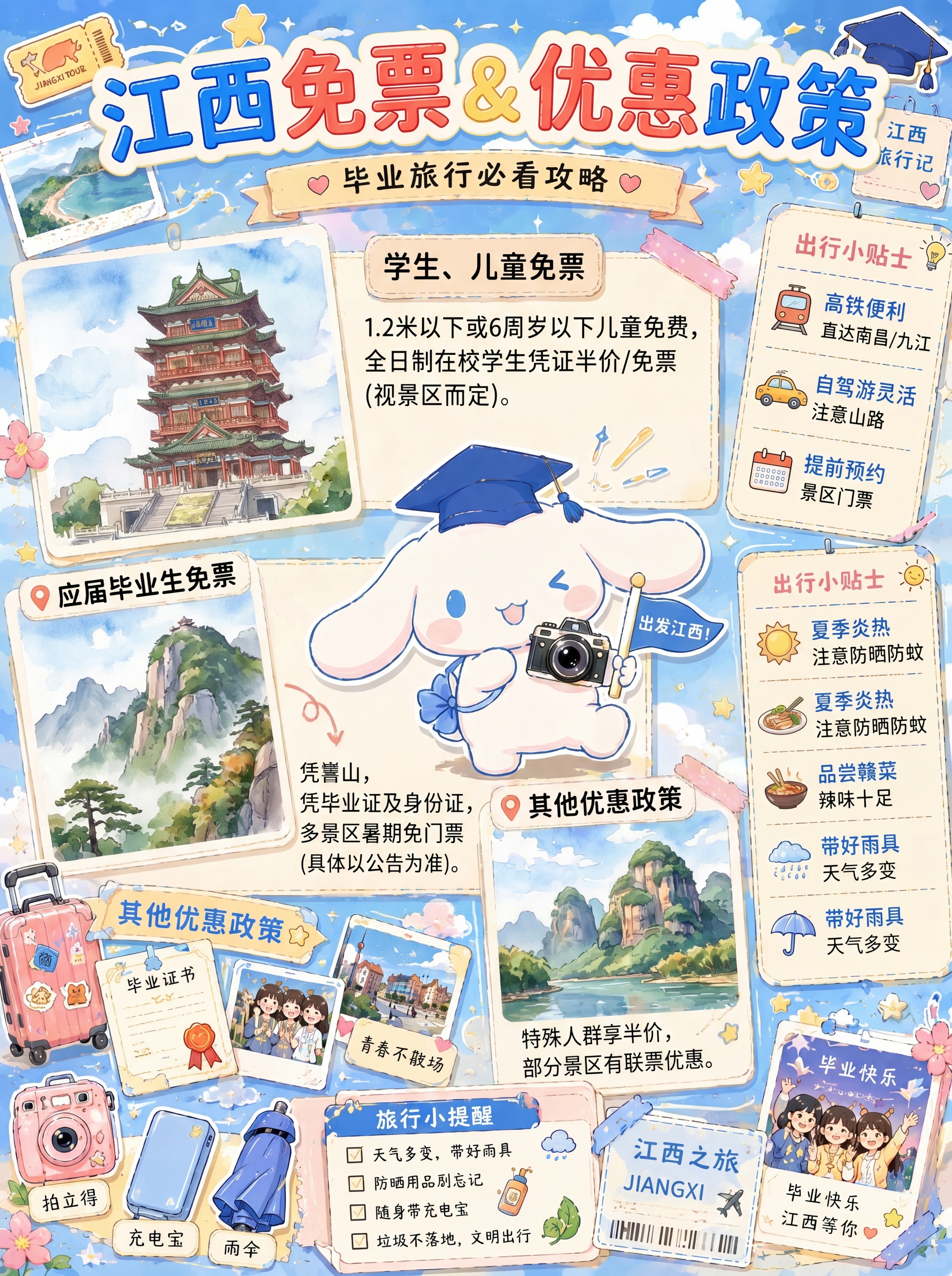 参考提供的图片风格，生成江西毕业旅行免票政策图，要求：卡通水彩… - 图片创意预览