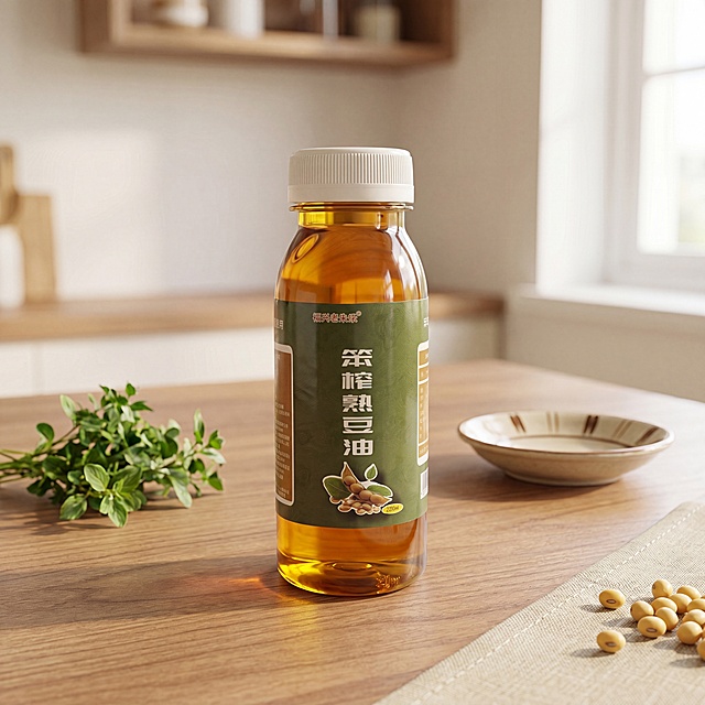 超写实食品静物摄影。
主体：小瓶装笨榨熟豆油占画面65%，完整不裁切，作为画面绝对视觉重心，近景构图，背景无其他同类产品，豆油瓶严格参照上传产品图，完整保留所有组件、轮廓、结构、比例、材质、颜色与瓶身标签上的文字信息，与上传图完全一致，自然融入场景光影，与场景共处同一物理空间。
构图：居中构图，产品微侧15°平视视角，视线高度与产品中部齐平。
风格：温馨居家厨房风。
场景概念：午后原木餐桌，暖光洒落的家常烹饪场景。
承载与空间：①承载面：原木实木餐桌，浅胡桃木纹理温润细腻；②背景：柔焦虚化的浅米白厨房墙面，搭配少量浅木色置物架轮廓。
陪衬物：①豆油瓶左侧，一小把新鲜翠绿香草，色泽鲜亮；②豆油瓶右后方，一只浅米色陶瓷小碟子，边缘带浅棕纹理；③桌面角落，几颗饱满干黄豆，天然淡黄色；④桌面边缘，一小块棉麻餐垫局部，浅卡其色。
配色：主色调60%原木棕/米白，辅助色25%琥珀黄/浅米，点缀色15%鲜绿；画面实际颜色6种：原木棕/米白/琥珀黄/浅米/鲜绿/浅卡其。
材质：画面实际材质5种：实木/陶瓷/棉麻/玻璃/植物纤维。
光影：主光从右侧窗边斜入50°，午后暖调自然光，照亮豆油瓶正面，瓶身深棕色玻璃呈现通透温润质感，豆油液体透出琥珀光泽；辅光为桌面漫反射暖光补光，瓶身边缘有柔和轮廓光，阴影过渡自然柔和。
参数：4K写实光追，严格锁定宽高比为1:1。