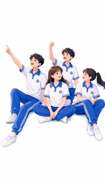 参考图片人物形象和风格，保留图中四位学生，四位人物都穿着蓝白夏季校服，删除书本和原背景，仅保留人物主体，保持干净简约的画面，漫画风格，色彩清新预览效果