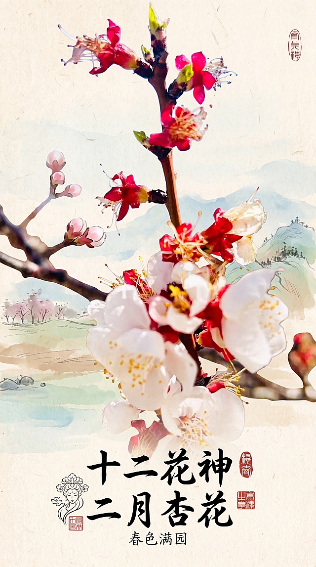 生成一张十二花神二月杏花主题海报，参考这张杏花照片，保留红白杏花枝头的清新春日感觉，制作成国风雅致海报构图
