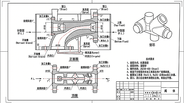 根据提供的阀体零件图，依照国家绘图标准生成砂型铸造工艺图，标注浇筑位置分型面、拔模斜度、加工余量、不铸槽，完成浇注系统设计与型芯设计制图，保持工程图清晰规范