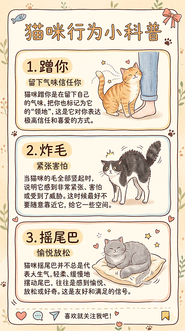 小红书猫咪科普图文，竖版，内容分三块介绍三个猫咪不同行为含义，文字清晰工整，风格真实自然像手绘笔记，没有AI痕迹，正式易懂，整体配色柔和温暖，主标题是"猫咪行为小科普"，三个行为分别是蹭你代表留下气味信任你、炸毛代表紧张害怕、摇尾巴代表愉悦放松，每个行为配对应猫咪小插图，每个行为配文字解释，适合发布在小红书