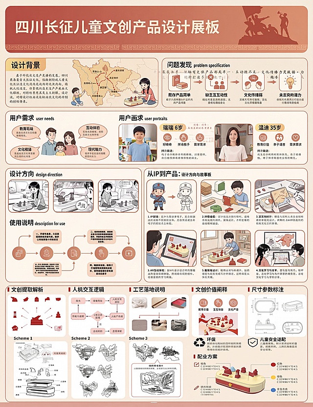 严格遵循所有修改要求，重新生成高质量的四川长征儿童文创产品设计展板：完全落实缩文字扩图像，新增四大视觉模块，完成从上到下每个区块的精细化修改，保证图文比例均衡，保留所有原展板核心信息和丰富度，统一红色主题暖米色复古排版，修正所有细节问题，生成清晰规整的最终展板