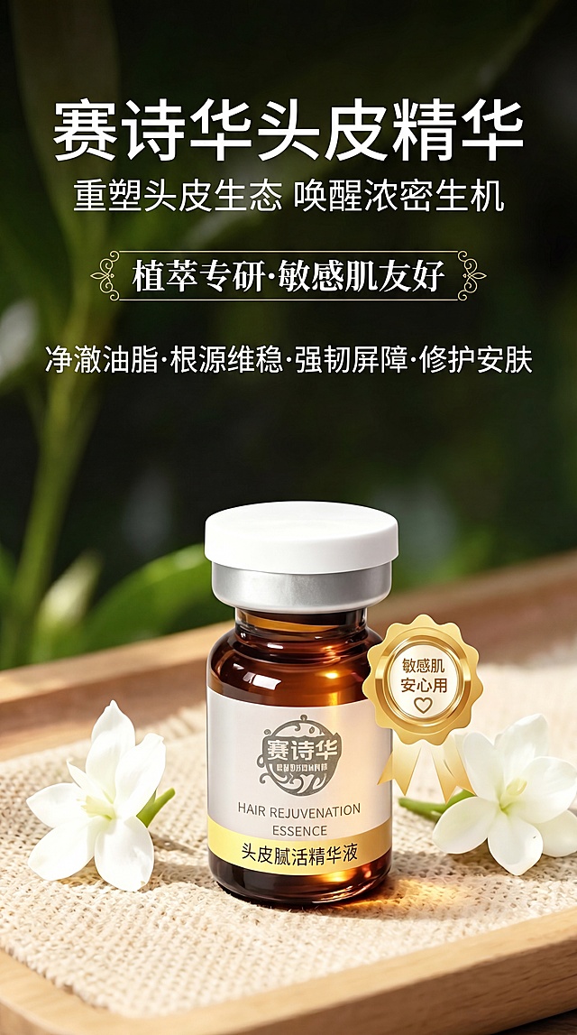 小红书风格美妆海报，主标题是"赛诗华头皮精华"，副标题是"重塑头皮生态 唤醒浓密生机"，装饰文案为"植萃专研·敏感肌友好"，卖点：净澈油脂、根源维稳、强韧屏障、修护安肤。展示赛诗华头皮赋活精华液，100%还原上传产品图外形、包装、LOGO、文字，清透高级自然光影，浅绿米色简约清新背景，产品放置在木质托盘上，点缀白色茉莉花，前景虚化绿叶，层次分明，排版精美，9:16竖版，适合小红书宣传，真实商业摄影风格。