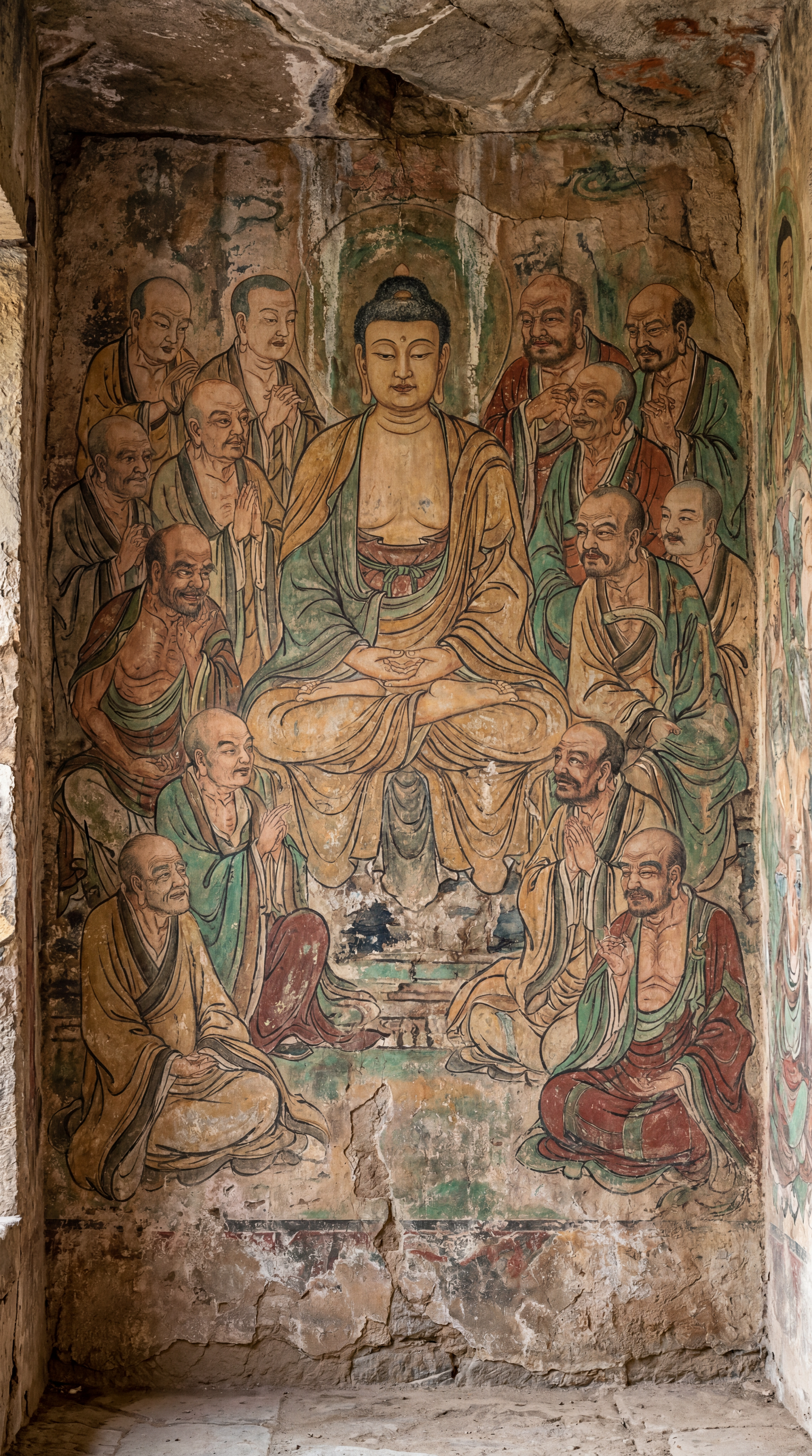 罗汉伴佛主题壁画，主佛居于画面中心，神态安然，两侧罗汉神态各异… - 图片创意预览