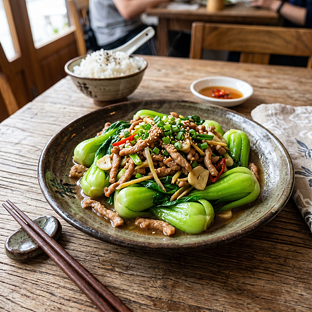 一盘做好的青菜炒肉丝，家常菜品，色泽鲜亮诱人，高清美食摄影，放在木质餐桌上，适合用于餐厅菜单展示