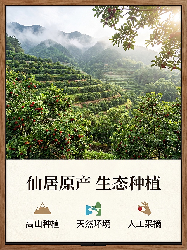 [第3屏] 仙居产地生态优势展示。上方70%是青翠杨梅山果园实景，下方信息区写标题"仙居原产 生态种植"，三点优势：高山种植/天然环境/人工采摘。自然清新风格，3:4，4K，文字清晰。