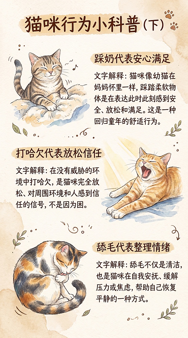 小红书猫咪科普图文，竖版，内容分三块介绍另外三个猫咪不同行为含义，文字清晰工整，风格真实自然像手绘笔记，没有AI痕迹，正式易懂，整体配色柔和温暖，标题是"猫咪行为小科普（下）"，三个行为分别是踩奶代表安心满足、打哈欠代表放松信任、舔毛代表整理情绪，每个行为配对应猫咪小插图，每个行为配文字解释，适合发布在小红书