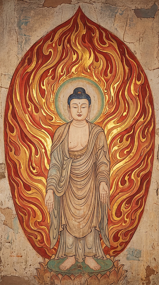 火焰背光佛像敦煌壁画，佛像主体素雅简约，身后巨型火焰纹背光，金光流动变幻，红金渐变色彩，衣袂轻扬，动态十足，经典敦煌宗教壁画样式，超高清8K，细节丰富，无水印，壁画材质，强制拉高画质，佛像