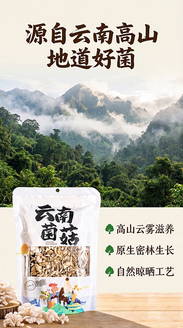 [第2屏] 详情页第二屏-白参菌产地溯源，展示云南高山好产地环境。本屏使用【图1】作为产品展示。
[氛围/风格] 自然户外风，原生态高山氛围感，清新干净的摄影质感，突出原产地环境优势。
[元素布局] 画面上半部分是云南高山密林全景实景，云雾缭绕，植被茂密，下半部分左侧放置白参菌产品包装袋，右侧配文字说明区域，整体上下分层，产品占画面35%左右，保持产品包装袋外观结构颜色与图1一致。背景山林铺满上半屏，展示原生态生长环境。
[光影质感] 清晨柔和漫射光，整体明亮通透，山林部分保留薄雾的朦胧光影，产品部分光照均匀清晰。
[配色色系] 全局底色：#F5F1E4（浅米黄）；主体配色：深绿山林+原木色产品+深棕文字，和首屏配色保持一致。
[视角构图] 竖版上下构图，上景下文，阅读从上到下流畅自然，景深足够突出产地环境的辽阔。
[文字版式] 顶部大标题「源自云南高山 地道好菌」，深棕色书法字体居中，字号约占高度8%。下半部分左侧产品，右侧分点说明：「高山云雾滋养」「原生密林生长」「自然晾晒工艺」，每个卖点配一个小树叶图标，深棕色文字，清晰整齐。字体沿用首屏书法标题字体+深棕字色+纯色填充，版式载体为分点列表。
[比例分辨率] 9:16竖版比例，4K分辨率，文字清晰可辨。
[负向提示词] 产品变形，包装文字错乱，颜色偏差，文字模糊，背景杂乱，虚假风景，结构错误